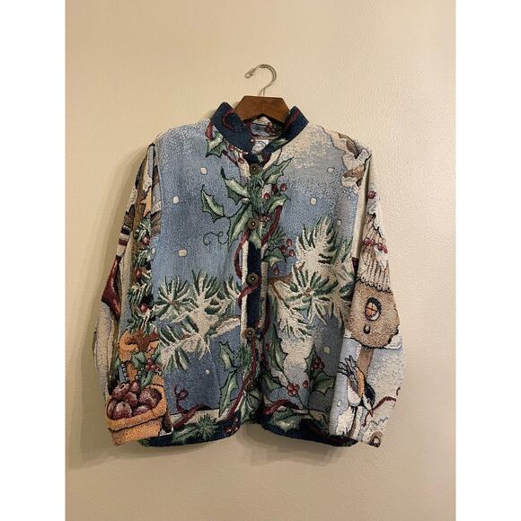 Vtg Sugar Street Weavers Christmas Holiday Snowman Tapestry Jacket Cardigan OS - Picture 1 of 8